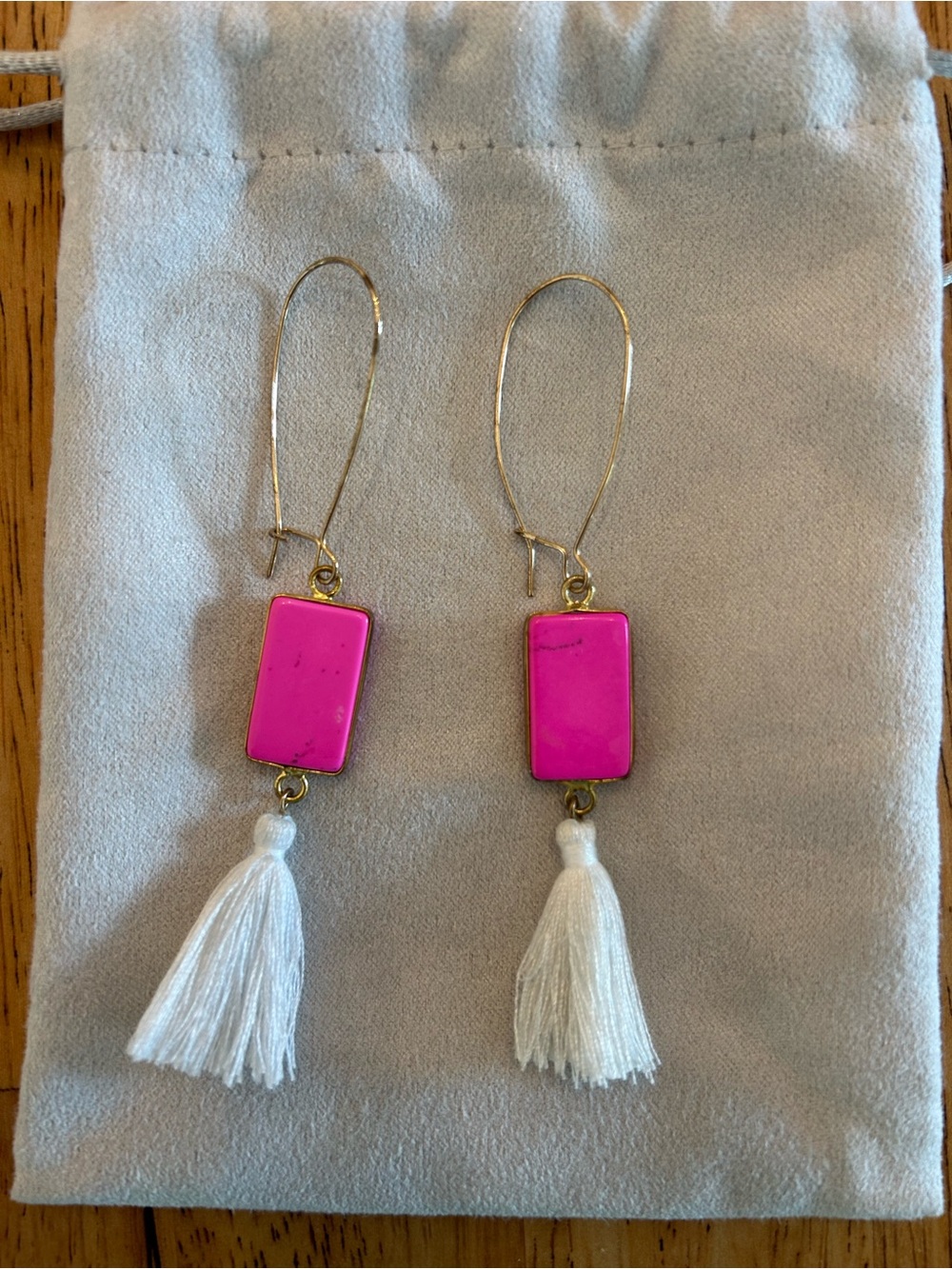 Gold Drop Earrings with Hot Pink Rectangle and White Tassel